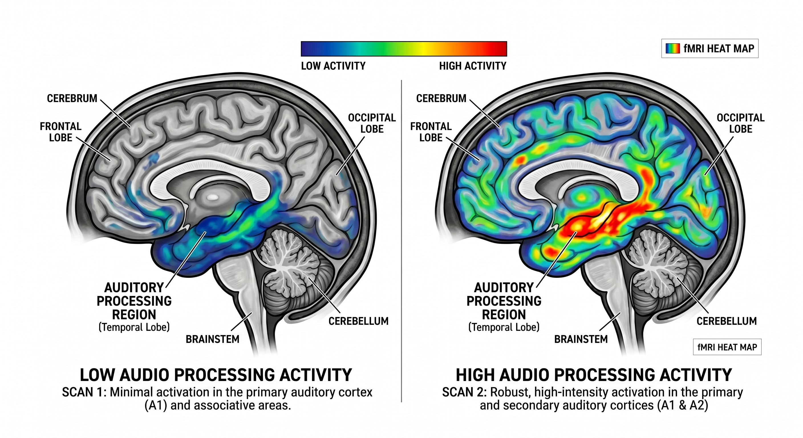 Two side-by-side fMRI brain scans. Scan 1 (Low Audio Processing Activity) shows minimal activation in the primary auditory cortex. Scan 2 (High Audio Processing Activity) shows robust, high-intensity activation across the primary and secondary auditory cortices.